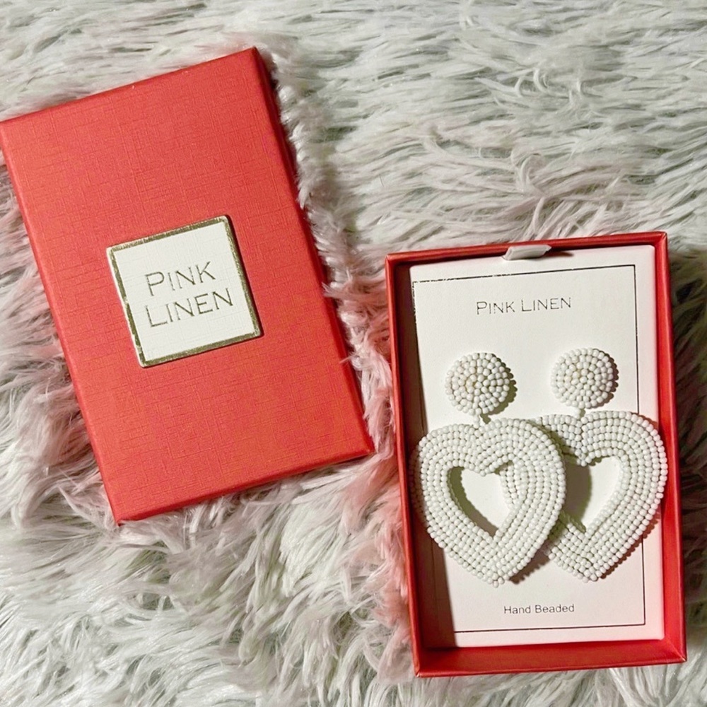 NIB • Pink Linen Hand Beaded White Heart Earrings